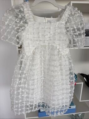 Zara White Textured Puff Sleeve Party Dress for Kids